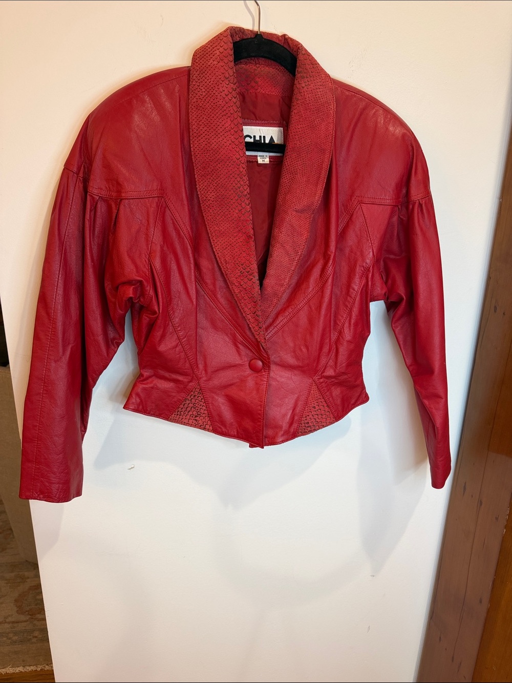 Vintage Chia Red Leather/Suede Cropped Blazer Jacket w/Animal Print Detailing, M
